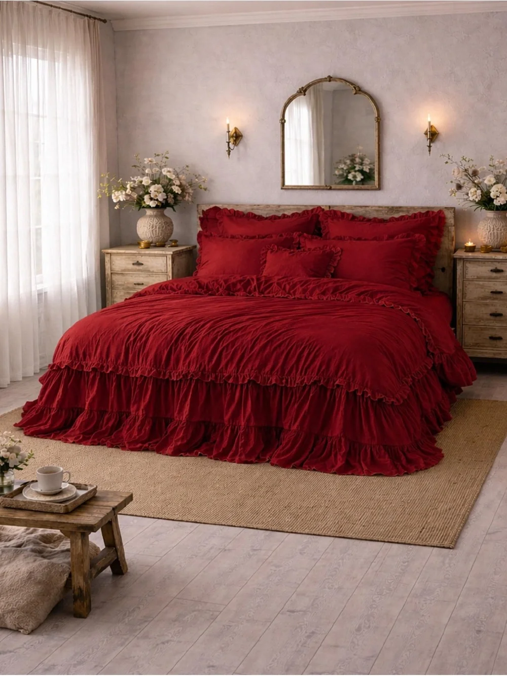Elegant Ruffled Velvet Comforter Set in Deep Red